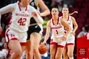 Nebraska Cornhusker guard Jaz Shelley (1) brings the ball down the court against the Purdue Boilermakers in the first half during a college basketball game on Wednesday, January 31, 2024, in Lincoln, Nebraska. Photo by John S. Peterson.