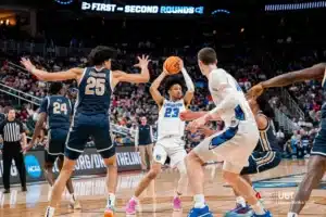 Creighton Bluejays guard Trey Alexander #23 looks to pass the ball during a game against the Akron Zips during the first round of the NCAA Tournament in Pittsburgh, PA March 21st 2024. Photo by Eric Francis