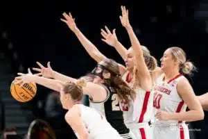 Nebraska Cornhuskers guard the ball during a game against the Purdue Boilermakers at the Target Center in Minneapolis, MN March 7th 2024. Photo by Eric Francis