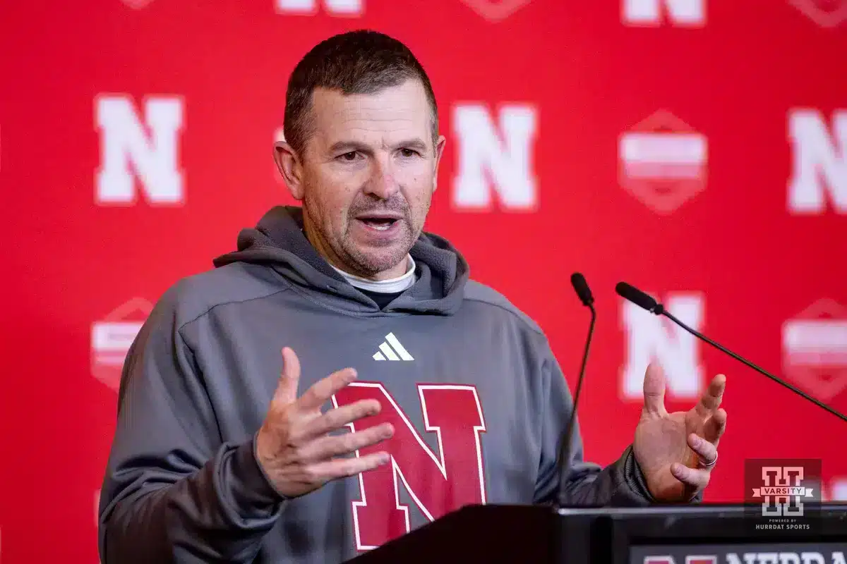 Quarterbacks coach Glenn Thomas answers questions after football practice Thursday, April 4, 2024 in Lincoln, Neb. Photo by John S. Peterson.
