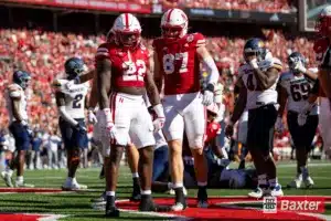 Nebraska Cornhusker running back Gabe Ervin Jr. (22) celebrates a touchdown against the UTEP Miners during the college football game Saturday, August 31, 2024, in Lincoln, Nebraska. Photo John S. Peterson.