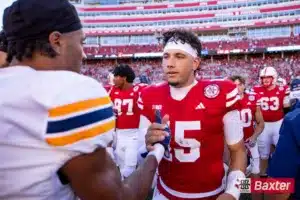 Nebraska Cornhusker quarterback Dylan Raiola (15) shaking hands after the game with the UTEP Miners during the college football game Saturday, August 31, 2024, in Lincoln, Nebraska. Photo John S. Peterson.