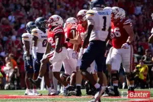 Nebraska Cornhusker running back Gabe Ervin Jr. (22) celebrates scoring a touchdown against the UTEP Miners during the college football game Saturday, August 31, 2024, in Lincoln, Nebraska. Photo John S. Peterson.