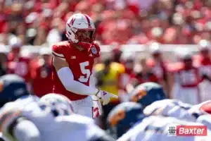 Nebraska Cornhusker linebacker John Bullock (5) adjusting to UTEP Miners offense during the college football game Saturday, August 31, 2024, in Lincoln, Nebraska. Photo John S. Peterson.