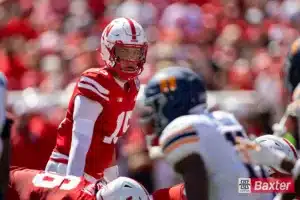 Nebraska Cornhusker quarterback Dylan Raiola (15) readies for the snap against the UTEP Miners during the college football game Saturday, August 31, 2024, in Lincoln, Nebraska. Photo John S. Peterson.