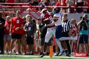 Nebraska Cornhusker wide receiver Isaiah Neyor (18) tries to make a catch against UTEP Miner cornerback Jaylon Shelton (9) as he breaks up the pass during the college football game Saturday, August 31, 2024, in Lincoln, Nebraska. Photo John S. Peterson.