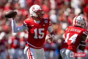 Nebraska Cornhusker quarterback Dylan Raiola (15) throws the ball in the first quarter against the UTEP Miners during the college football game Saturday, August 31, 2024, in Lincoln, Nebraska. Photo John S. Peterson.