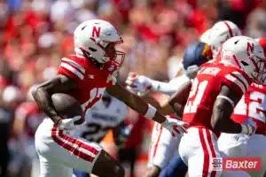 Nebraska Cornhusker wide receiver Jacory Barney Jr. (17) runs with the ball after catching it on the opening kick-off against the UTEP Miners during the college football game Saturday, August 31, 2024, in Lincoln, Nebraska. Photo John S. Peterson.