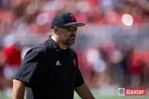 Nebraska Cornhusker head coach Matt Rhule watching warm-ups against the UTEP Miners during the college football game Saturday, August 31, 2024, in Lincoln, Nebraska. Photo John S. Peterson.