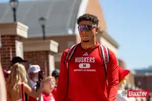 Nebraska Cornhusker quarterback Dylan Raiola (15) leads the Huskers on the Legacy Walk before taking on UTEP during the college football game Saturday, August 31, 2024, in Lincoln, Nebraska. Photo John S. Peterson.