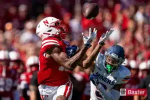 Nebraska Cornhuskers wide receiver Isaiah Neyor (18) catches a long pass during a game against the UTEP Miners Saturday, August 31 in Memorial Stadium in Lincoln, Nebraska. Photo by Eric Francis