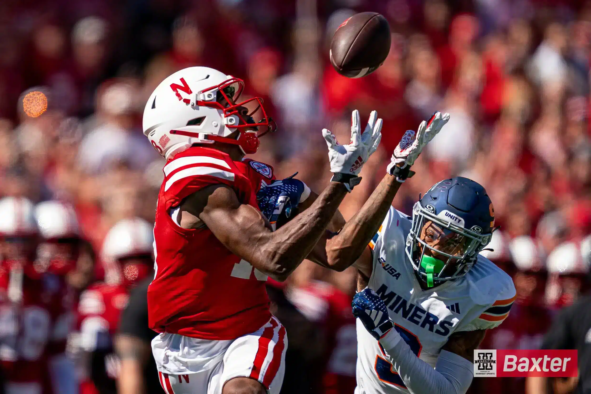 Nebraska Cornhuskers wide receiver Isaiah Neyor (18) catches a long pass during a game against the UTEP Miners Saturday, August 31 in Memorial Stadium in Lincoln, Nebraska. Photo by Eric Francis