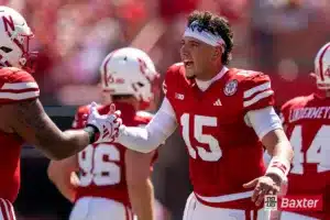Nebraska Cornhuskers quarterback Dylan Raiola (15) celebrates with teammates after a scoreduring a game against the UTEP Miners Saturday, August 31 in Memorial Stadium in Lincoln, Nebraska. Photo by Eric Francis