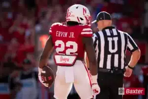 Nebraska Cornhuskers running back Gabe Ervin Jr. (22) poses after scoring a touchdown during a game against the UTEP Miners Saturday, August 31 in Memorial Stadium in Lincoln, Nebraska. Photo by Eric Francis