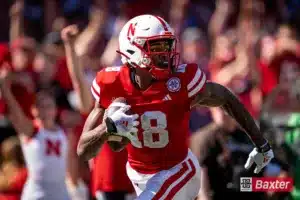 Nebraska Cornhuskers wide receiver Isaiah Neyor (18) runs to the end zone during a game against the UTEP Miners Saturday, August 31 in Memorial Stadium in Lincoln, Nebraska. Photo by Eric Francis