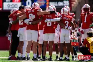 Nebraska Cornhuskers defense huddles during a game against the UTEP Miners Saturday, August 31 in Memorial Stadium in Lincoln, Nebraska. Photo by Eric Francis