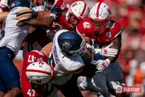 Nebraska Cornhuskers defense rallies around the ball carrier during a game against the UTEP Miners Saturday, August 31 in Memorial Stadium in Lincoln, Nebraska. Photo by Eric Francis