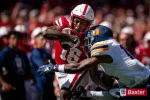 Nebraska Cornhuskers wide receiver Isaiah Neyor (18) catches a long pass during a game against the UTEP Miners Saturday, August 31 in Memorial Stadium in Lincoln, Nebraska. Photo by Eric Francis