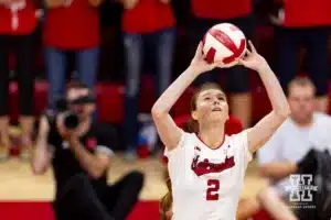 Nebraska Cornhusker Bergen Reilly (2) sets the ball against the Texas A&M CC Islanders during the college volleyball game Friday, August 30, 2024, in Lincoln, Nebraska. Photo John S. Peterson.