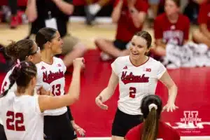 Nebraska Cornhusker Bergen Reilly (2) celebrates a kill against the Texas A&M CC Islanders during the college volleyball game Friday, August 30, 2024, in Lincoln, Nebraska. Photo John S. Peterson.