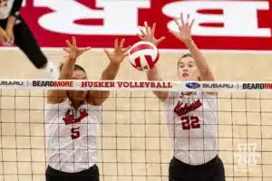 Nebraska Cornhusker Lindsay Krause (22) blocks a shot from the Texas A&M CC Islanders during the college volleyball game Friday, August 30, 2024, in Lincoln, Nebraska. Photo John S. Peterson.