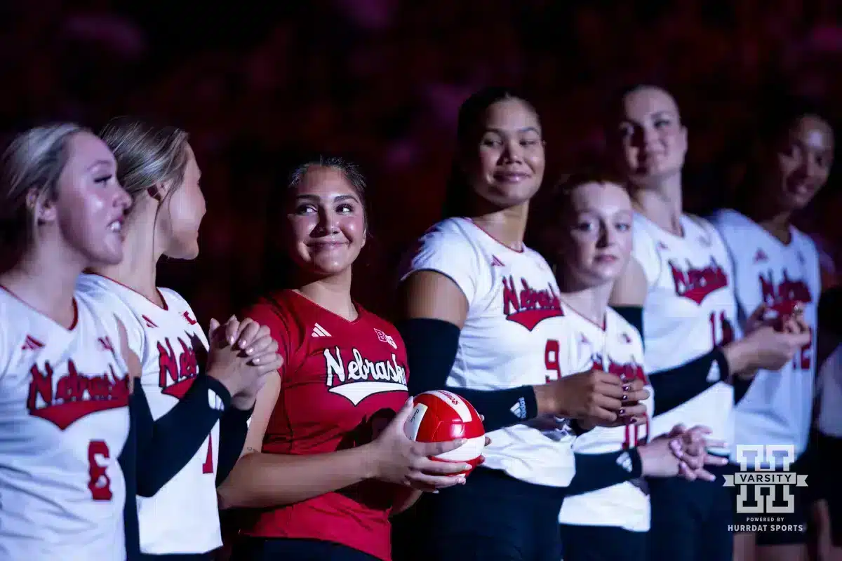 Nebraska Women’s Volleyball vs TAM CC | Aug. 30, 2024. Nebraska Cornhusker Lexi Rodriguez (8) is all smiles when introduced before taking on Texas A&M CC Islanders during the college volleyball game Friday, August 30, 2024, in Lincoln, Nebraska. Photo John S. Peterson.