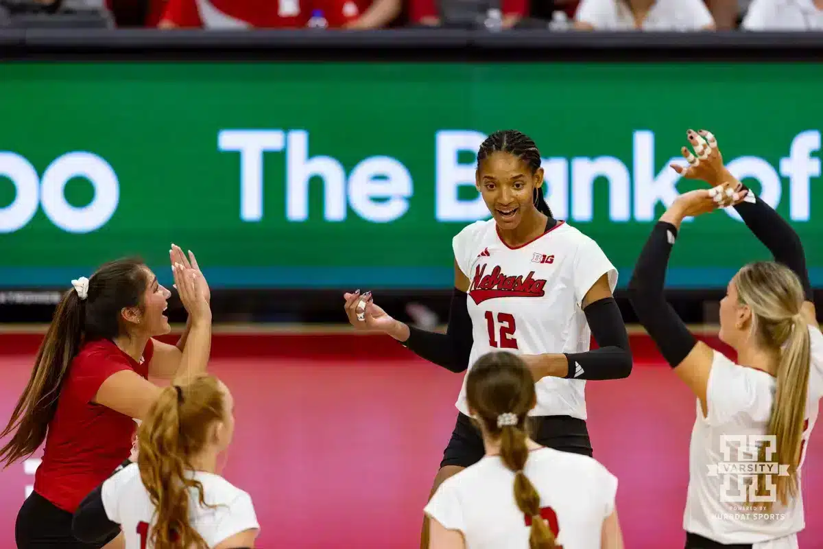 Nebraska Women’s Volleyball vs TAM CC | Aug. 30, 2024. Nebraska Cornhusker Taylor Landfair (12) celebrates a kill against the Texas A&M CC Islanders during the college volleyball game Friday, August 30, 2024, in Lincoln, Nebraska. Photo John S. Peterson.