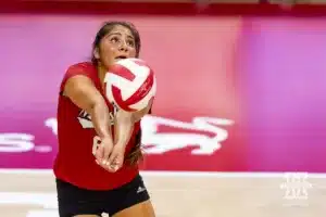 Nebraska Cornhusker Lexi Rodriguez (8) digs the ball against the Texas A&M CC Islanders during the college volleyball game Friday, August 30, 2024, in Lincoln, Nebraska. Photo John S. Peterson.