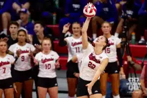 Nebraska Cornhusker Lindsay Krause (22) serves the ball against the Texas A&M CC Islanders during the college volleyball game Friday, August 30, 2024, in Lincoln, Nebraska. Photo John S. Peterson.
