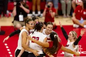 Nebraska Cornhuskers celebrates a kill against the Texas A&M CC Islanders during the college volleyball game Friday, August 30, 2024, in Lincoln, Nebraska. Photo John S. Peterson.