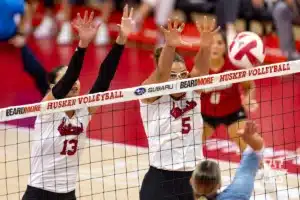 Nebraska Cornhusker Rebekah Allick (5) prepares to block a shot against the Texas A&M CC Islanders during the college volleyball game Friday, August 30, 2024, in Lincoln, Nebraska. Photo John S. Peterson.