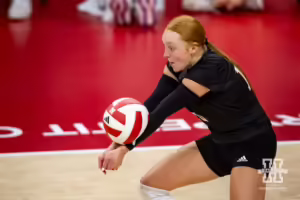 Nebraska Cornhusker Olivia Mauch (10) digs the ball during the Red/White Volleyball Game Saturday, August 24, 2024, in Lincoln, Nebraska. Photo John S. Peterson.