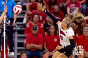 Nebraska Cornhusker Andi Jackson (15) spikes the ball during the Red/White Volleyball Game Saturday, August 24, 2024, in Lincoln, Nebraska. Photo John S. Peterson.