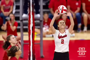 Nebraska Cornhusker Bergen Reilly sets the ball during the Red/White Volleyball Game Saturday, August 24, 2024, in Lincoln, Nebraska. Photo John S. Peterson.