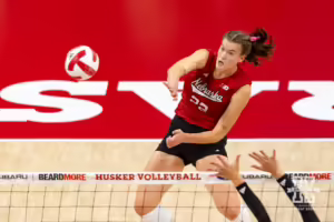 Nebraska Cornhusker Lindsay Krause (22) spikes the ball during the Red/White Volleyball Game Saturday, August 24, 2024, in Lincoln, Nebraska. Photo John S. Peterson.