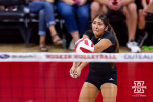 Nebraska Cornhusker Lexi Rodriguez (8) digs the ball during the Red/White Volleyball Game Saturday, August 24, 2024, in Lincoln, Nebraska. Photo John S. Peterson.