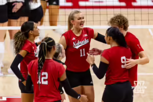Nebraska Cornhusker Leyla Blackwell (11) celebrates with her teammates during the Red/White Volleyball Game Saturday, August 24, 2024, in Lincoln, Nebraska. Photo John S. Peterson.