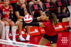 Nebraska Cornhusker Skyler Pierce (21) digs the ball during the Red/White Volleyball Game Saturday, August 24, 2024, in Lincoln, Nebraska. Photo John S. Peterson.