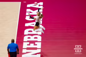 Nebraska Cornhusker Andi Jackson (15) serves the ball during the Red/White Volleyball Game Saturday, August 24, 2024, in Lincoln, Nebraska. Photo John S. Peterson.