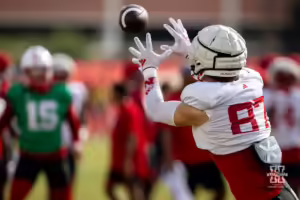 Nebraska Cornhusker Nate Boerkircher (87) makes a catch during football practice Friday, August 16, 2024, in Lincoln, Nebraska. Photo John S. Peterson.