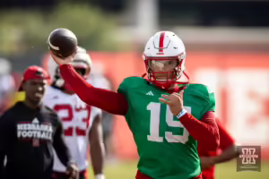 Nebraska Cornhusker Dylan Raiola (15) throws the ball during football practice Friday, August 16, 2024, in Lincoln, Nebraska. Photo John S. Peterson.