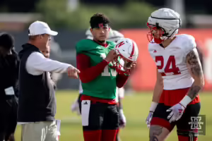 Nebraska Cornhusker Dylan Raiola (15) gets ready to run a drill during football practice Friday, August 16, 2024, in Lincoln, Nebraska. Photo John S. Peterson.