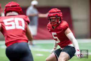 Nebraska Cornhusker John Bullock (5) running drills during football practice Friday, August 16, 2024, in Lincoln, Nebraska. Photo John S. Peterson.