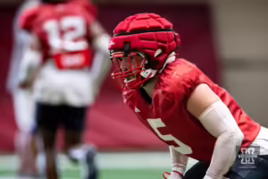 Nebraska Cornhusker John Bullock (5) runs drills during football practice Friday, August 16, 2024, in Lincoln, Nebraska. Photo John S. Peterson.