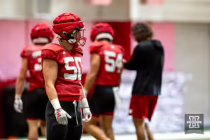 Nebraska Cornhusker Noah Bustard (50) running drills during football practice Friday, August 16, 2024, in Lincoln, Nebraska. Photo John S. Peterson.