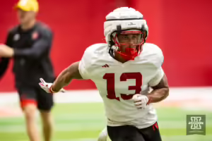 Nebraska Cornhusker Isaiah Garcia-Castaneda (13)unning a drill during football practice Friday, August 16, 2024, in Lincoln, Nebraska. Photo John S. Peterson.