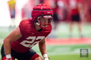Nebraska Cornhusker Maverick Noonan (22) running drills during football practice Friday, August 16, 2024, in Lincoln, Nebraska. Photo John S. Peterson.