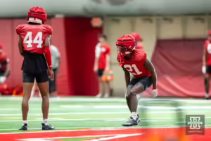 Nebraska Cornhusker Dwight Bootle II (21) running drills during football practice Friday, August 16, 2024, in Lincoln, Nebraska. Photo John S. Peterson.