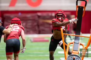 Nebraska Cornhuskers MJ Sherman (48) and Maverick Noonan (22)running drills during football practice Friday, August 16, 2024, in Lincoln, Nebraska. Photo John S. Peterson.