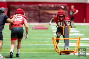 Nebraska Cornhuskers MJ Sherman (48) and Maverick Noonan (22)running drills during football practice Friday, August 16, 2024, in Lincoln, Nebraska. Photo John S. Peterson.